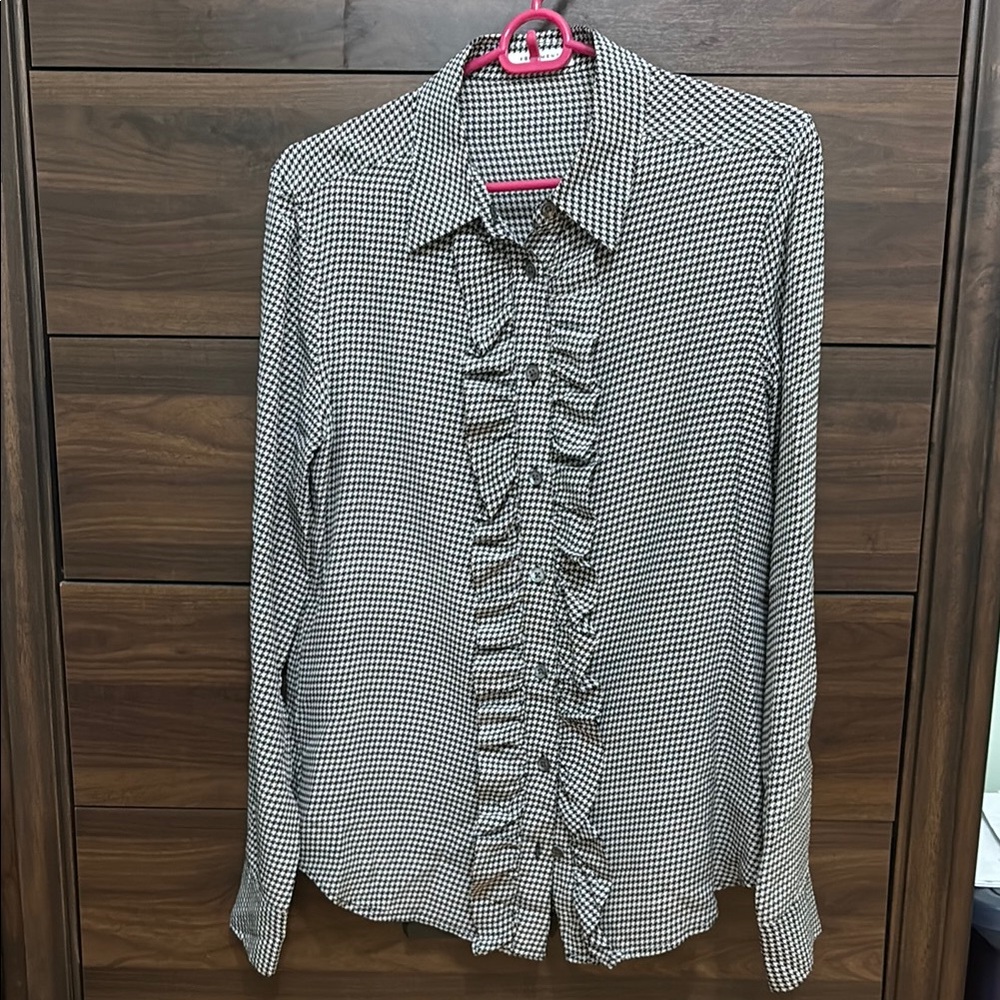 Women's Black and White Checkered Ruffle Blouse
